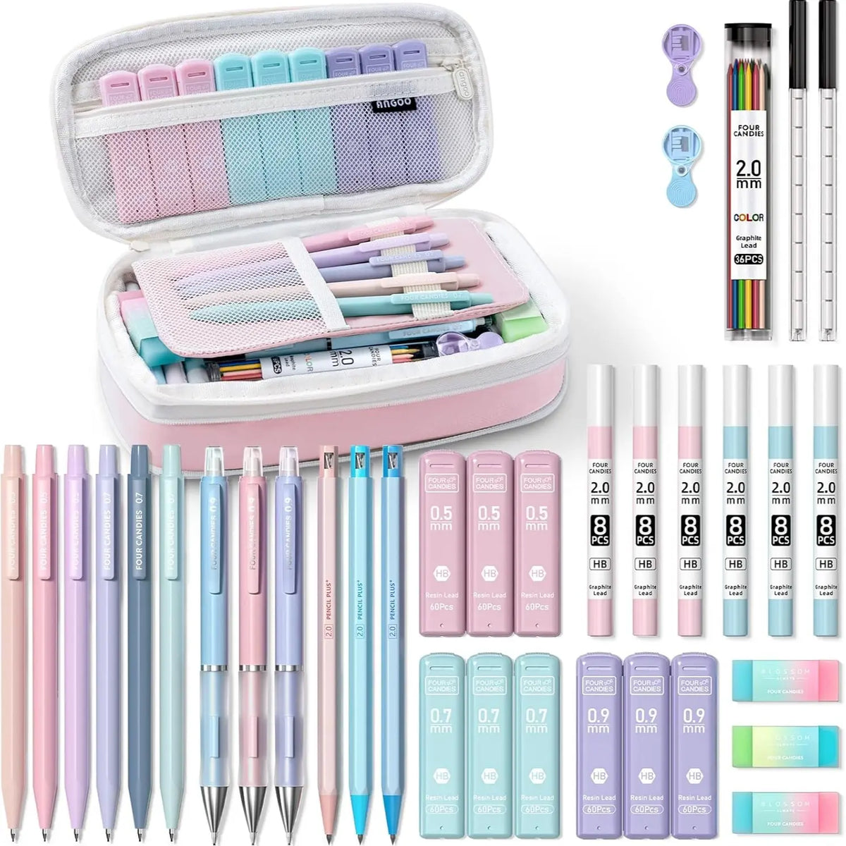 Four Candies 36PCS Learning Materials, Aesthetic School Supplies in Large Capacity Pencil Case, 12PCS Mechanical Pencils 0.5-2.0mm with 624PCS Lead Refills,Cute Aesthetic Mechanical Pencils for Writing,Drawing & Drafting, Back to School Supplies Shopping