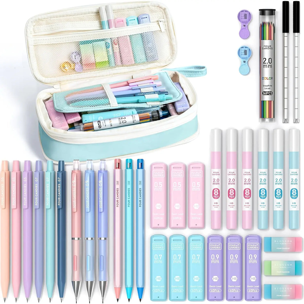 Four Candies 36PCS Aesthetic School Supplies, Mechanical Pencils 0.5mm, 0.7mm, 0.9mm & 2.0mm with 624PCS Lead Refills, Cute Mechanical Pencils for Writing, Drawing & Drafting, Student Essentials, Back to School Supplies Shopping,back to school shopping