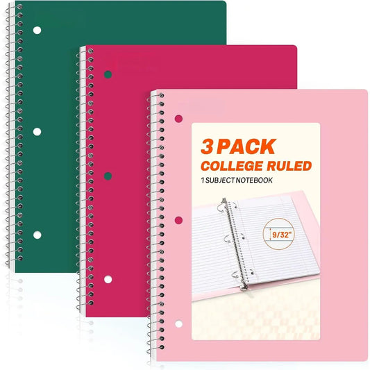 Modern Spiral Notebooks 3-Pack, 1-Subject College Ruled, 8" x 10.5", 70 Sheets Each, Cherry & Green, Back to School Office Stationery for College School Supplies Haul