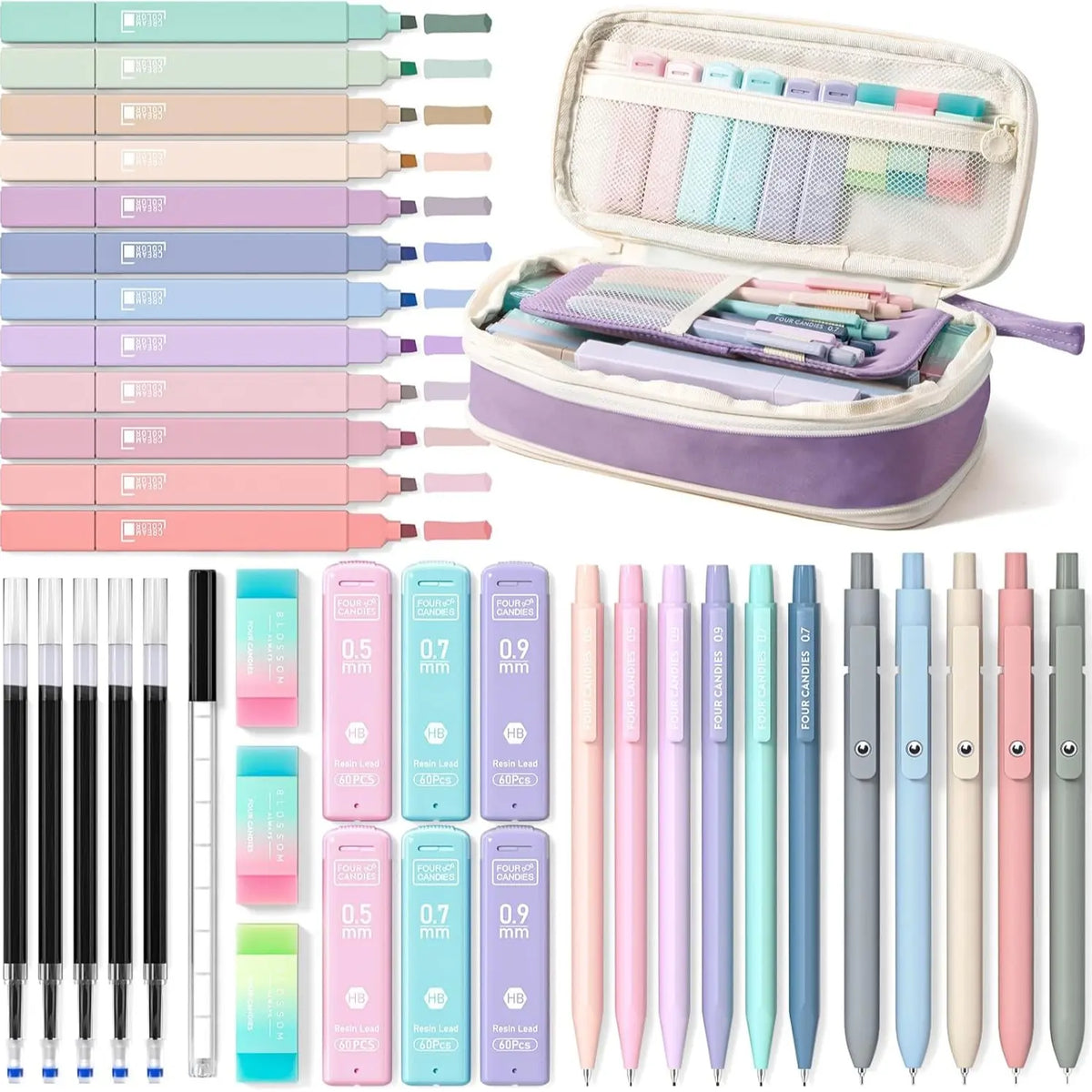 Four Candies 36PCS Learning Materials, Aesthetic School Supplies in Large Capacity Pencil Case, 12PCS Mechanical Pencils 0.5-2.0mm with 624PCS Lead Refills,Cute Aesthetic Mechanical Pencils for Writing,Drawing & Drafting, Back to School Supplies Shopping