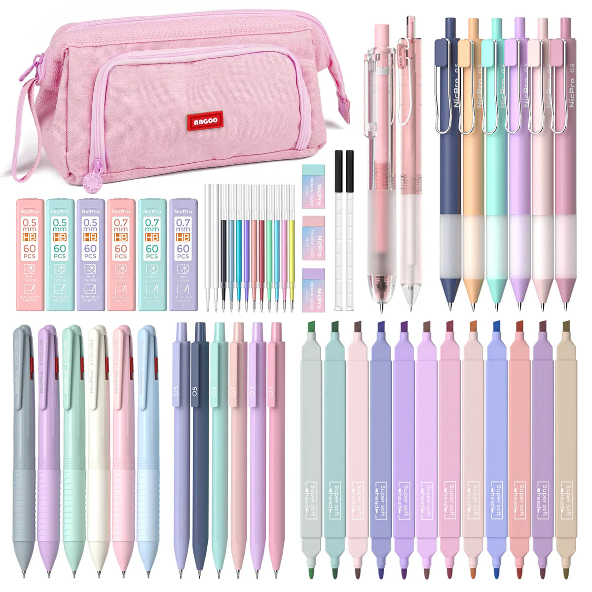 Nicpro 78 PCS Aesthetic School Supplies with Cute Pen Case, 12 Pastel Highlighters, 12 Color & Black Ink Gel Pens, 10 Mechanical Pencils 0.5, 0.7, 0.9, 2.0 mm, 6 Ballpoint Pen for Student Stationary,back to school,back to school shopping