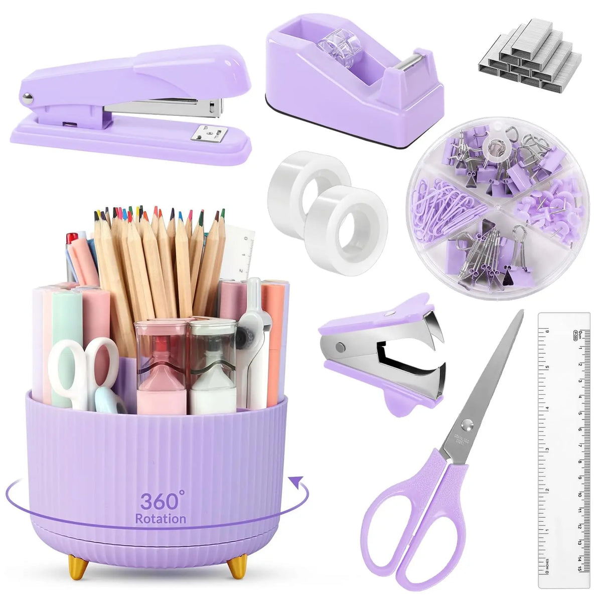 SKYDUE 10PCS Cute Office Accessories Desk Supplies Set - 1x360-Degree Rotating Pen Holder, Stapler, Tape Dispenser, Scissors, Ruler, Binder Clips, 1000pcs Staples, Anti-Tipping Organizer for Stationery Supplies, Desk Organization, Birthdays