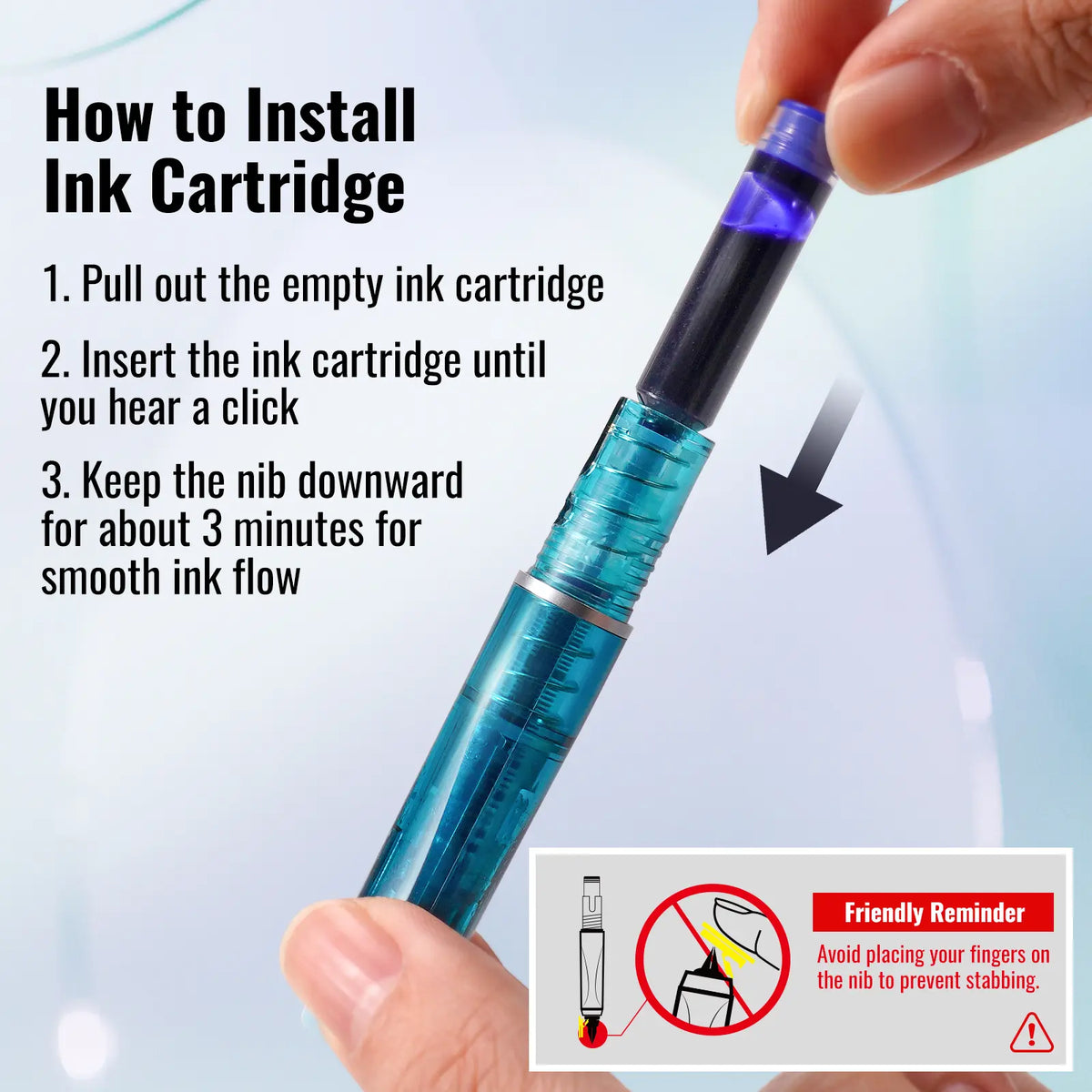 WRITECH Clictek Fountain Pen Set Retractable Style Blue Ink Medium Nib Transparent Barrel, Includes 5 Ink Cartridges for Gift Set Writing Tools Stationery Office Supplies