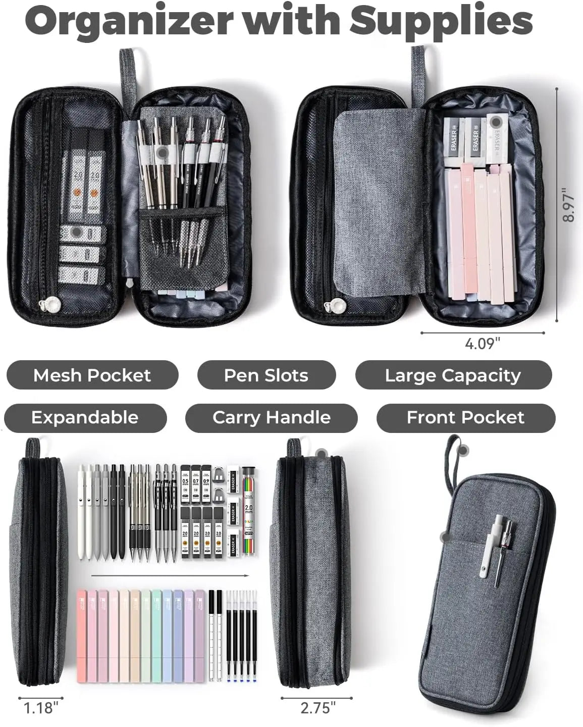 Four Candies 45 PCS Stationery Set with Pen Case, College Supplies and Nursing Student Essentials, 12 Pastel Highlighters, 6 Black Gel Pens, 6 Mechanical Pencils, Back to School Supplies Shopping