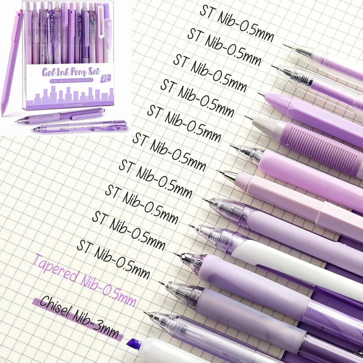 Four Candies 12Pack Retractable Gel Pens,0.5mm Fine Point Pastel Gel Pen Set,Note Taking Aesthetic Pens, 10 Black,1 Pink Ink with 1 Highlighter,Smooth Writing magical Pens gift(Pink/Blue/Brown/Green/Purple)back to school Supplies