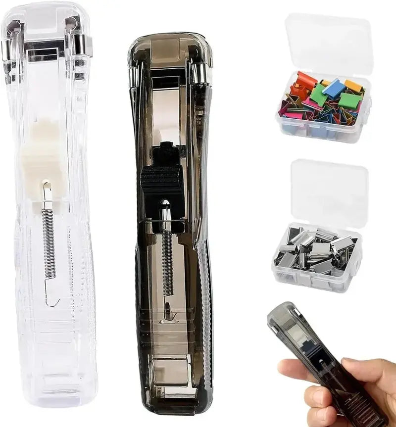 2-Pcs Handheld Reusable Creative Push Staplers Box Set with Comfortable Anti-Slip Stripes, 40-Sheets Capacity Clip Holder, 100 Steel Clips Refills for Office Binding Docs, Classroom Supplies (Birthday Gift Option)