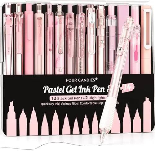 Four Candies Gel Ink Pen Set,14PCS Pen Set with Case, Cute Note Taking 0.5mm Fine Point Retractable 12PCS Black Ink Pens with 2 Highlighter for School, Note Taking,Writing, Office Supplies, girly office supplie,journaling supplies  Pastel Markers Portable
