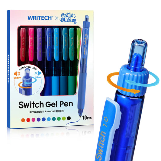 WRITECH Colored Ink Gel Pens: Switch Between Silent and Clicky, 1.0mm Bold Point Pen for Journaling Smooth Writing Quick-dry No Bleed 10ct WRITECH x Creative Lettering