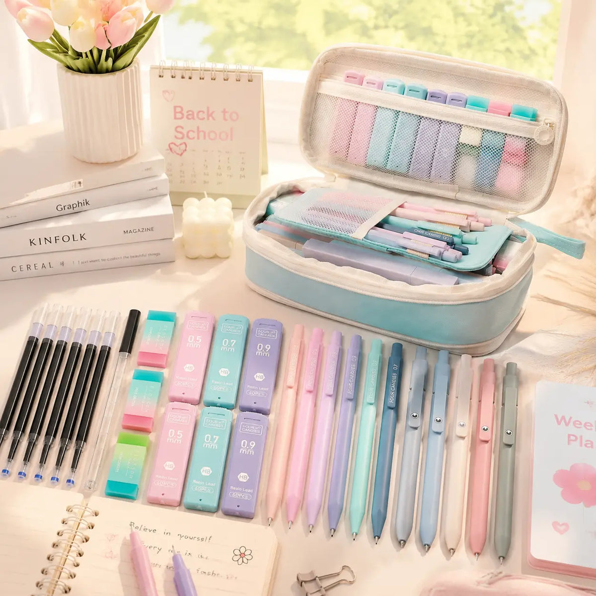 Four Candies 36PCS Aesthetic School Supplies, Mechanical Pencils 0.5mm, 0.7mm, 0.9mm & 2.0mm with 624PCS Lead Refills,Cute Mechanical Pencils for Writing,Drawing & Drafting，girly office supplies, Student Essentials, school supplies art work,Stationery Set