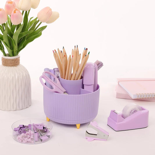SKYDUE 10PCS Cute Office Accessories Desk Supplies Set - 1x360-Degree Rotating Pen Holder, Stapler, Tape Dispenser, Scissors, Ruler, Binder Clips, 1000pcs Staples, Anti-Tipping Organizer for Stationery Supplies, Desk Organization, Birthdays