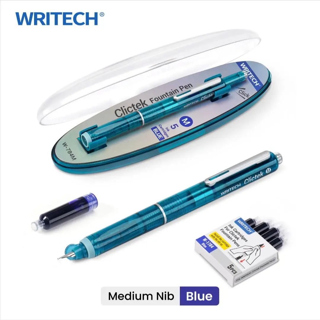 WRITECH Fountain Pen Black Ink with Retractable Fine Nib - Set of 5 Ink Cartridges for Smooth Calligraphy, Journaling and Sketching - Pink Gift