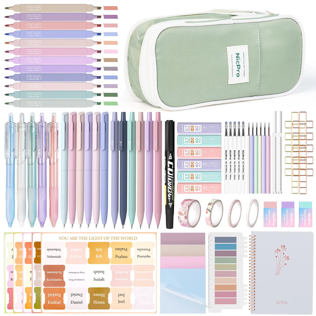 Nicpro 76PCS Durable Stationary Set - Polyester Large Pencil Pouch, 0.5, 0.7Mm Mechanical Pencil Set, 360 Lead Refills, 18 Eraser Refills, 300PCS Transparent Sticky Notes, 10 Clips, Notebook, 12PCS Highlighters, College School Supplies for Students