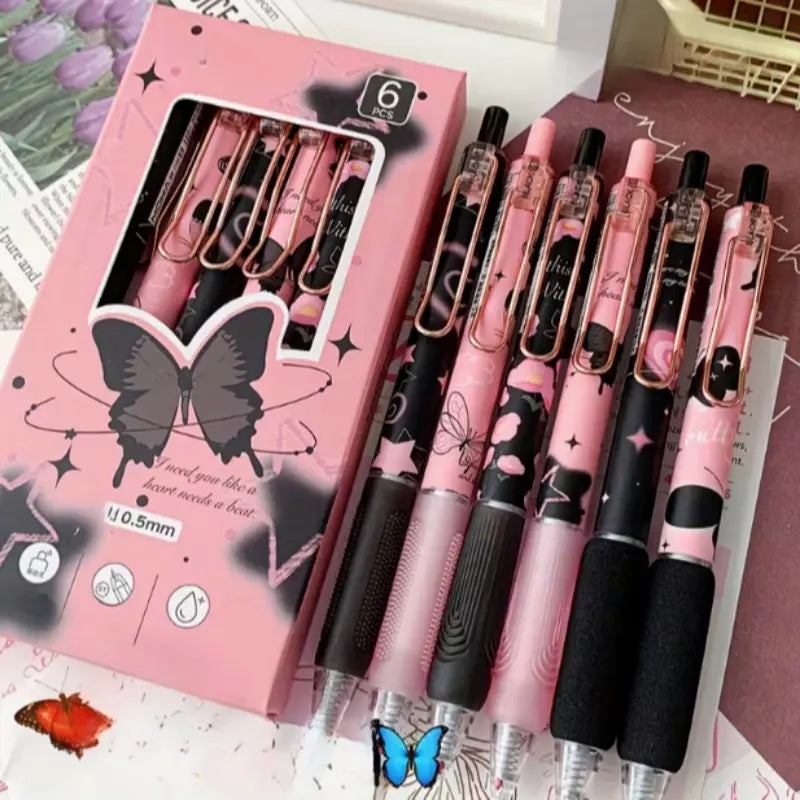 6-Piece Butterfly & Rose Design Retractable Gel Pens, Aesthetic Gel Pens, 0.5mm Fine Point, Smooth Writing Pens, Stationery Supplies for School, Office & Home