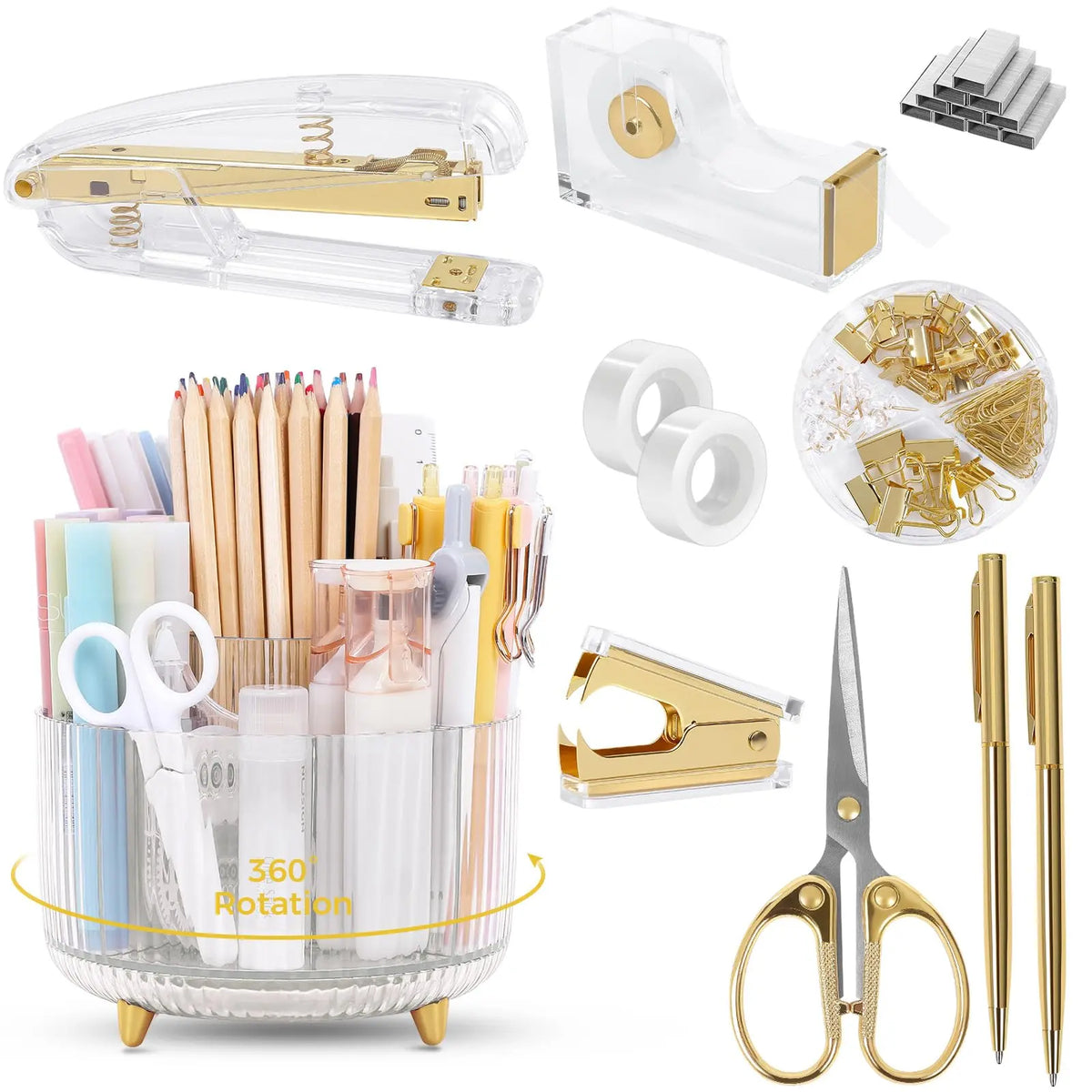 SKYDUE 10PCS Cute Office Accessories Desk Supplies Set - 1x360-Degree Rotating Pen Holder, Stapler, Tape Dispenser, Scissors, Ruler, Binder Clips, 1000pcs Staples, Anti-Tipping Organizer for Stationery Supplies, Desk Organization, Birthdays