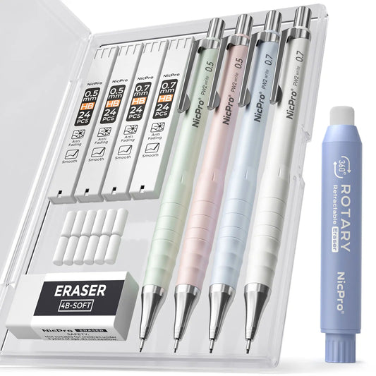 Nicpro Cute Mechanical Pencil Set, 4PCS 0.5 & 0.7 mm Pastel Drafting Pencils with 4 Tube HB Lead Refills, 4B Erasers, Rotary Retractable Eraser, Eraser Refill for Writing Sketching School Supplies,back to school,back to school haul