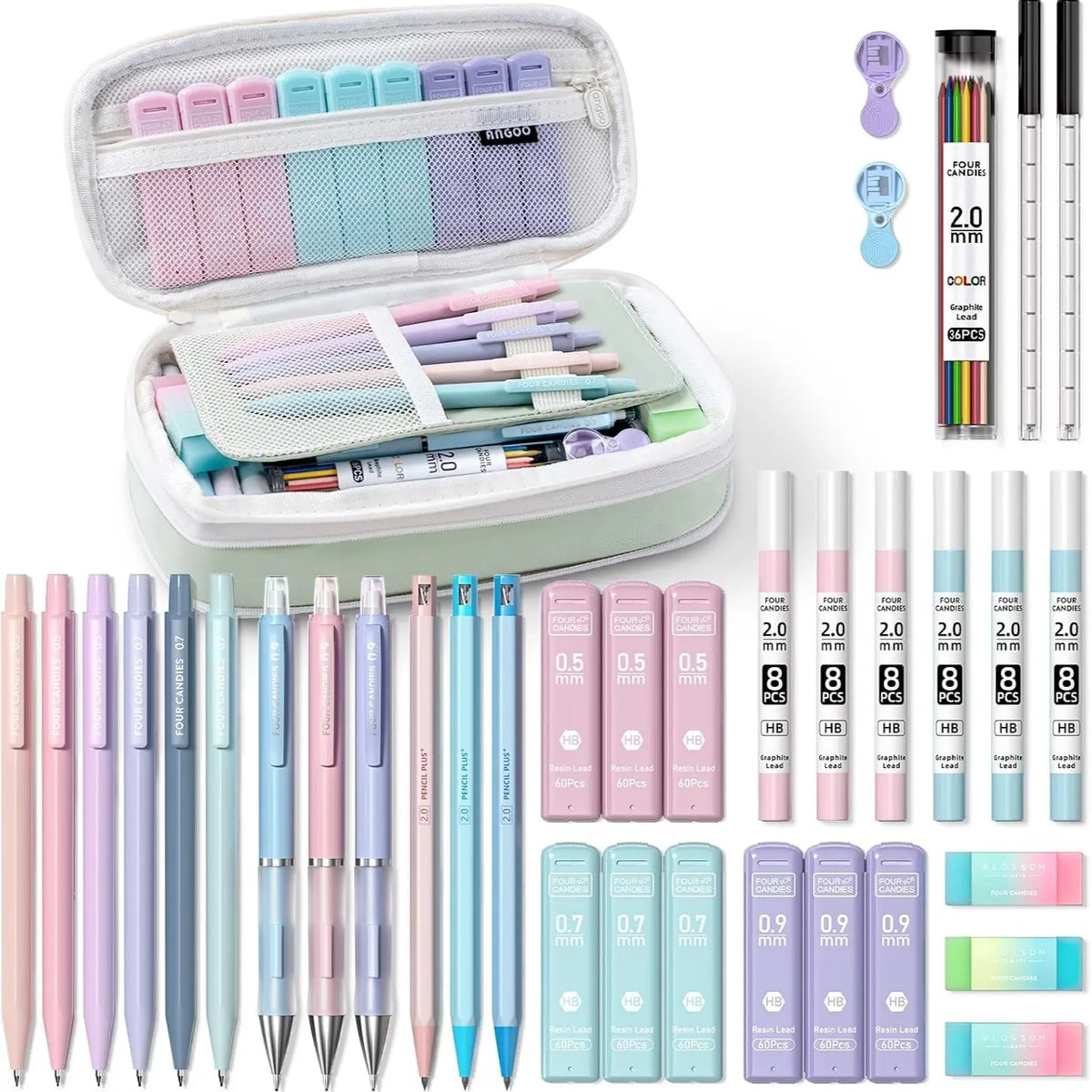 Four Candies 56 PCS Aesthetic School Supplies with Large Pencil Case, 6 Colored Ballpoint Pens, 12 Pastel Highlighters, 5 Black Ink Gel Pens, 9 Mechanical Pencils 0.5-2.0mm Student Essentials, school supplies art work,girly office supplies,Refill Packs, S
