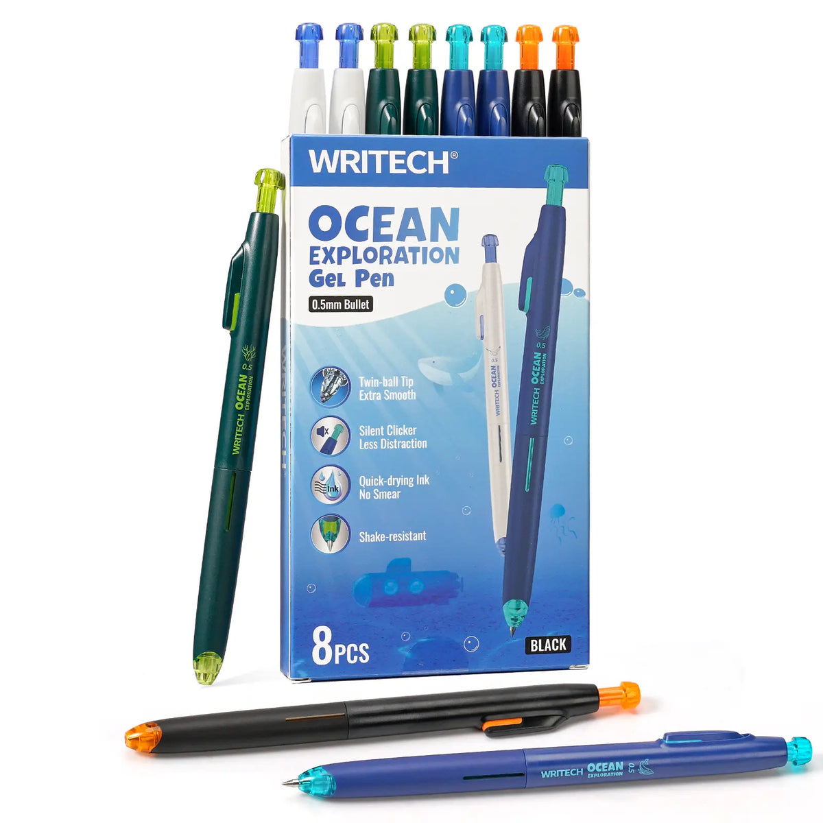WRITECH Luminous Gel Pens Medium Point: Luminous pen set 0.7mm, Black Ink, Includes 2 Pens and 2 Refills, Silent Clicker, Smooth Writing for School Office & Everyday Use