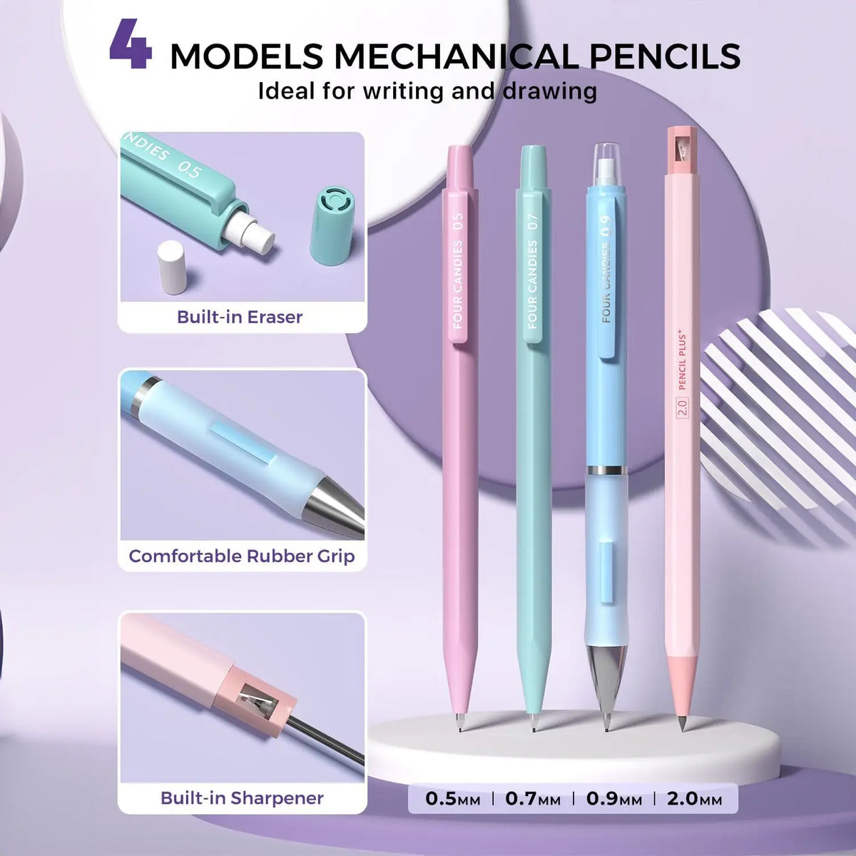 Four Candies 36PCS Aesthetic School Supplies, Mechanical Pencils 0.5mm, 0.7mm, 0.9mm & 2.0mm with 624PCS Lead Refills, Cute Mechanical Pencils for Writing, Drawing & Drafting, Student Essentials, Back to School Supplies Shopping,back to school shopping