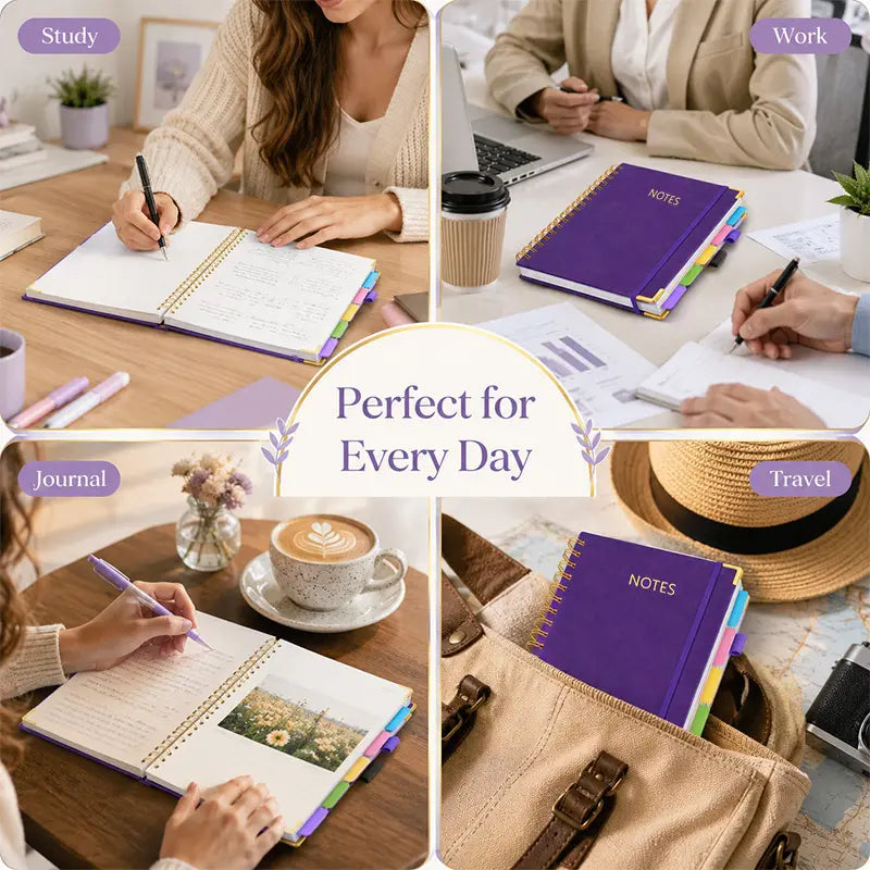 A5 Spiral PU Cover Hardcover Notebook - Flat Binding, 300-Page 100GSM Thick Lined Paper, 5-Subject Organizer with Removable Dividers & Tabs, Back to School Haul College Journaling Supplies for Students, College Supplies, Faux Leather,sohochic