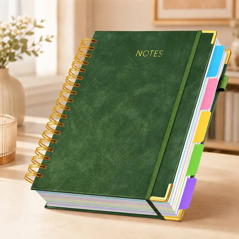 A5 Spiral PU Cover Hardcover Notebook - Flat Binding, 300-Page 100GSM Thick Lined Paper, 5-Subject Organizer with Removable Dividers & Tabs, Back to School Haul College Journaling Supplies for Students, College Supplies, Faux Leather,sohochic