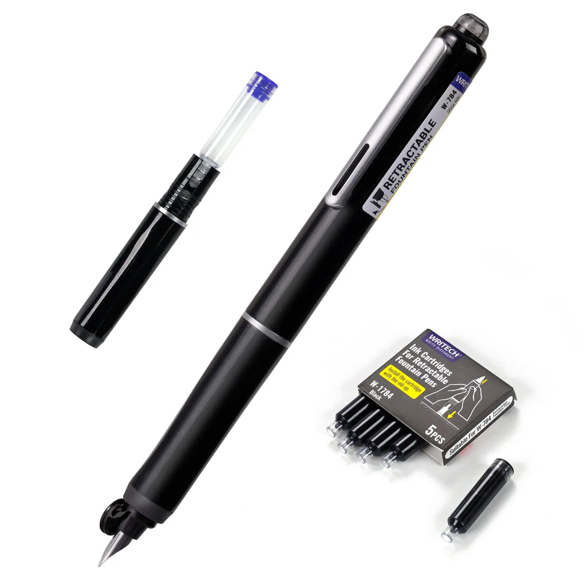WRITECH Fountain Pen Black Ink with Retractable Fine Nib - Set of 5 Ink Cartridges for Smooth Calligraphy, Journaling and Sketching - Pink Gift