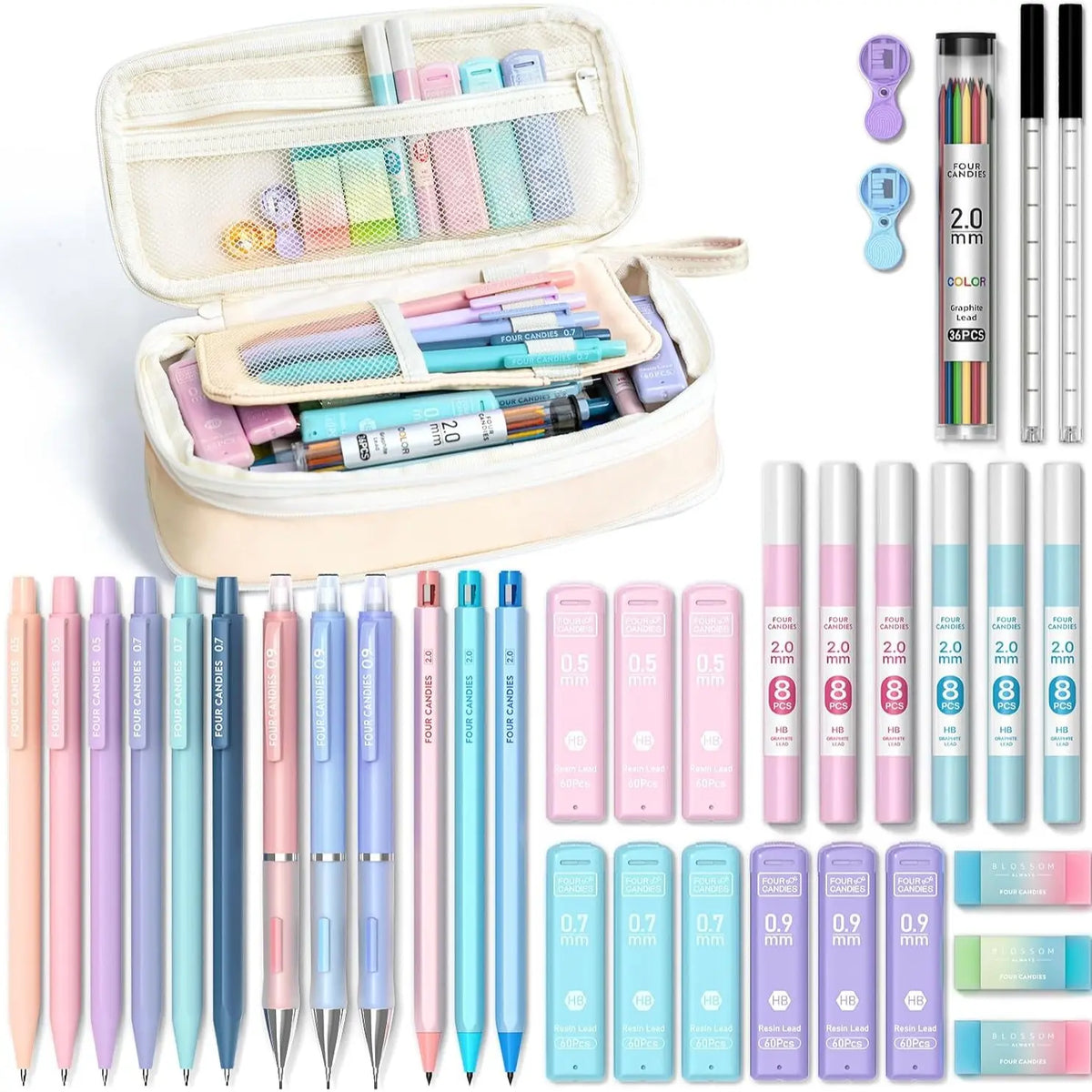 Four Candies 36PCS Learning Materials, Aesthetic School Supplies in Large Capacity Pencil Case, 12PCS Mechanical Pencils 0.5-2.0mm with 624PCS Lead Refills,Cute Aesthetic Mechanical Pencils for Writing,Drawing & Drafting, Back to School Supplies Shopping