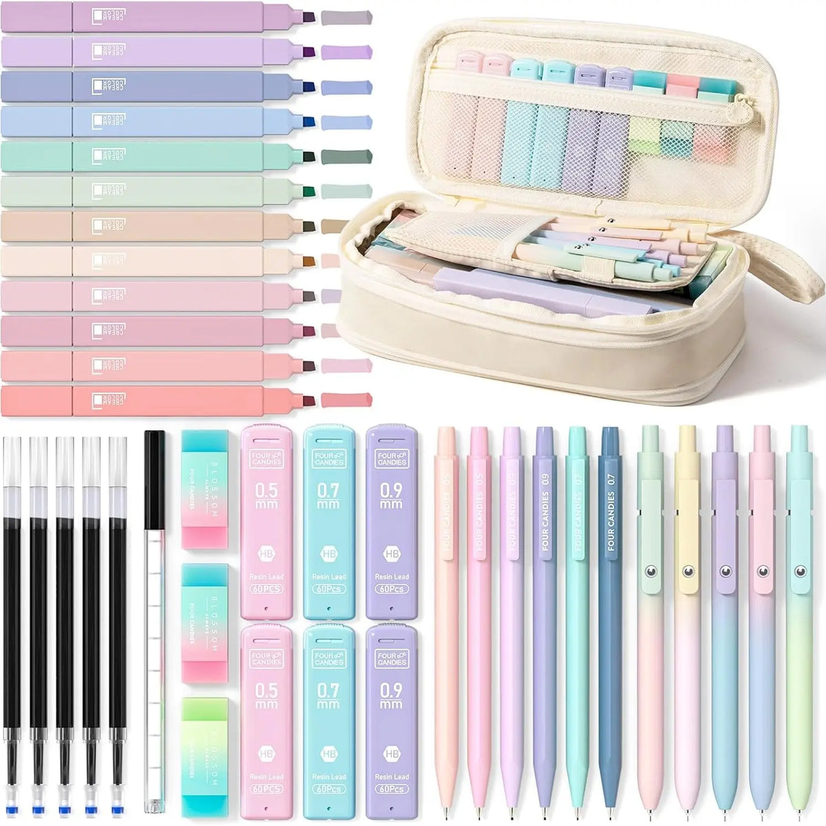【back to a school shopping】Four Candies School Supplies with Cute Pencil Case, 39ct | Back to School Stationery Set, Essentials for College & Nursing Students, 5 Gel Pens, 6 Mechanical Pencils, 12 Highlighters