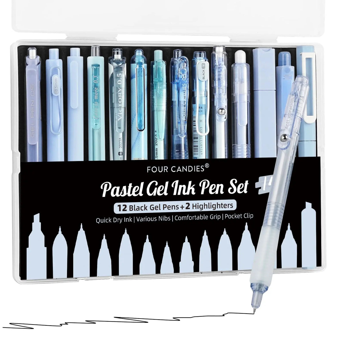 Four Candies Gel Ink Pen Set,14PCS Pen Set with Case, Cute Note Taking 0.5mm Fine Point Retractable 12PCS Black Ink Pens with 2 Highlighter for School, Note Taking,Writing, Office Supplies, girly office supplie,journaling supplies  Pastel Markers Portable