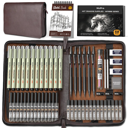 Nicpro 58-Piece Deluxe Leather Case Art Set - Office Stationery Kit with Sketchbook Art & Writing Tools, Artist Hand Drawn Supplies, Artist Quality Graphite Mechanical Pencils, 0.5/0.7/0.9/2mm Metal Drafting Pencils, 12-Micron Pen, 30 Lead Refills