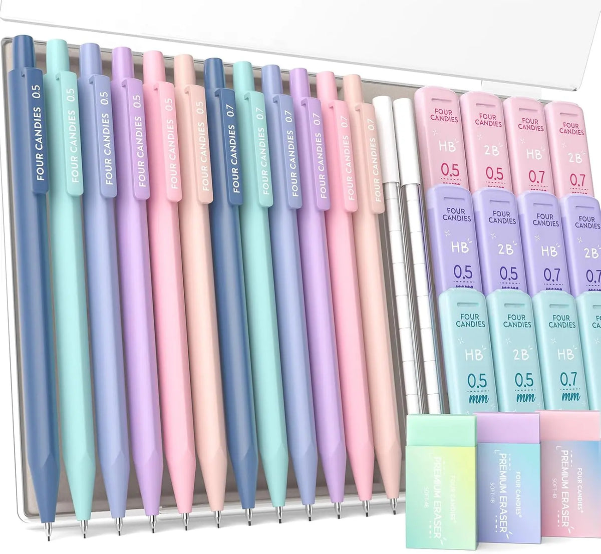 [Back to School Haul] 12PCS Pastel Mechanical Pencil Set (0.5 & 0.7 mm, HB/2B) with Case, 360 Leads in 6 Tubes (2 Packs), 21PCS Pastel Eraser Set - School Supplies Haul, Student Essentials, Teenage Girls Gifts