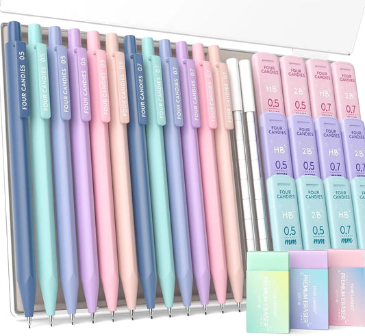 [Back to School Haul] 12PCS Pastel Mechanical Pencil Set (0.5 & 0.7 mm, HB/2B) with Case, 360 Leads in 6 Tubes (2 Packs), 21PCS Pastel Eraser Set - School Supplies Haul, Student Essentials, Teenage Girls Gifts