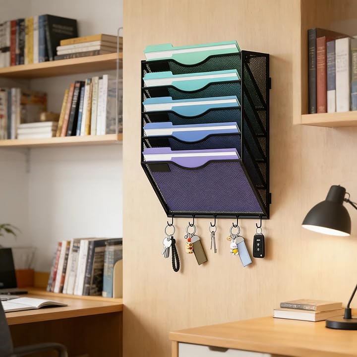 Gawerk Hanging Wall File Organizer with 5 Hooks - Wall Mounted Mail Paper Document Folder Holder, Sturdy Mesh Magazine Rack for Office Home (5 Tier)