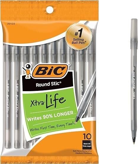 BIC Round Stic Black Ballpoint Pens, Medium Point, 1.0mm, 10-Count