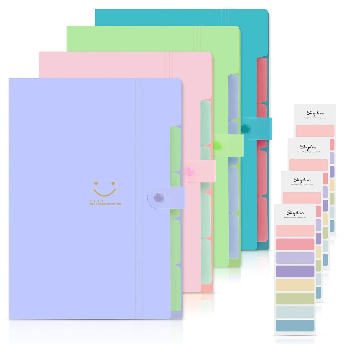 SKYDUE Expanding File Folders with 5 Pockets, Accordion File Organizer with 32 Labels, Portable Document Paper Organizer, Filing Folders, Letter / A4 Size, Pack of 4