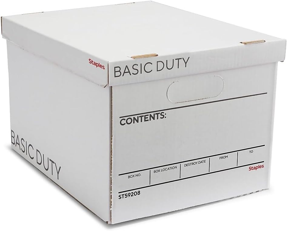 Staples Corrugated File Box, Lift-Off Lid, Letter/Legal, White/Black, 10/Pk
