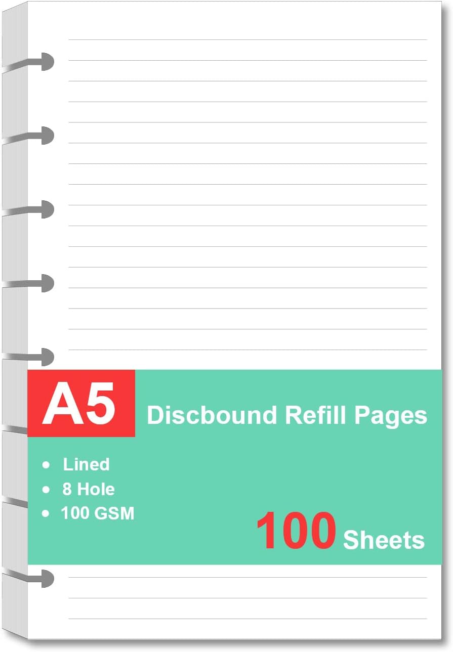Junior Size Refills Paper, A5 Loose Leaf Paper for TUL Custom Note-Taking System Discbound Notebook Planner Inserts, White, Total 100 Sheets/200 Pages, College Ruled, 5.5 X 8.5 Inch