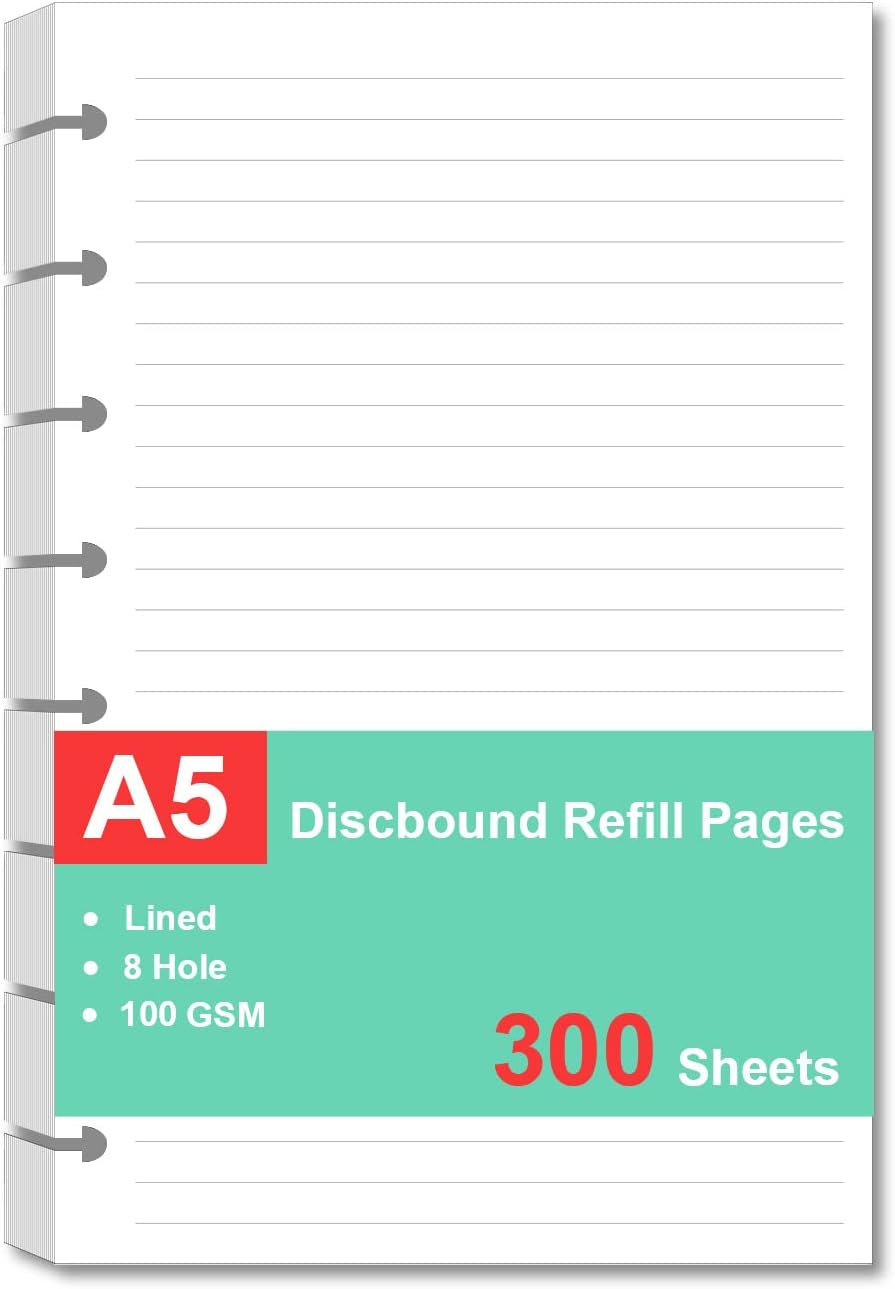 Junior Size Refills Paper, A5 Loose Leaf Paper for TUL Custom Note-Taking System Discbound Notebook Planner Inserts, White, Total 100 Sheets/200 Pages, College Ruled, 5.5 X 8.5 Inch