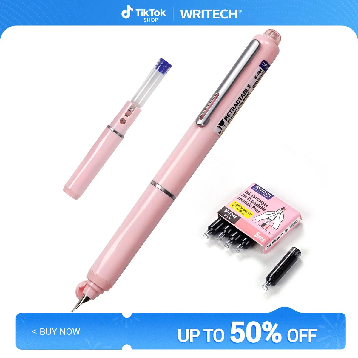 WRITECH Clictek Fountain Pen Set Retractable Style Blue Ink Medium Nib Transparent Barrel, Includes 5 Ink Cartridges for Gift Set Writing Tools Stationery Office Supplies
