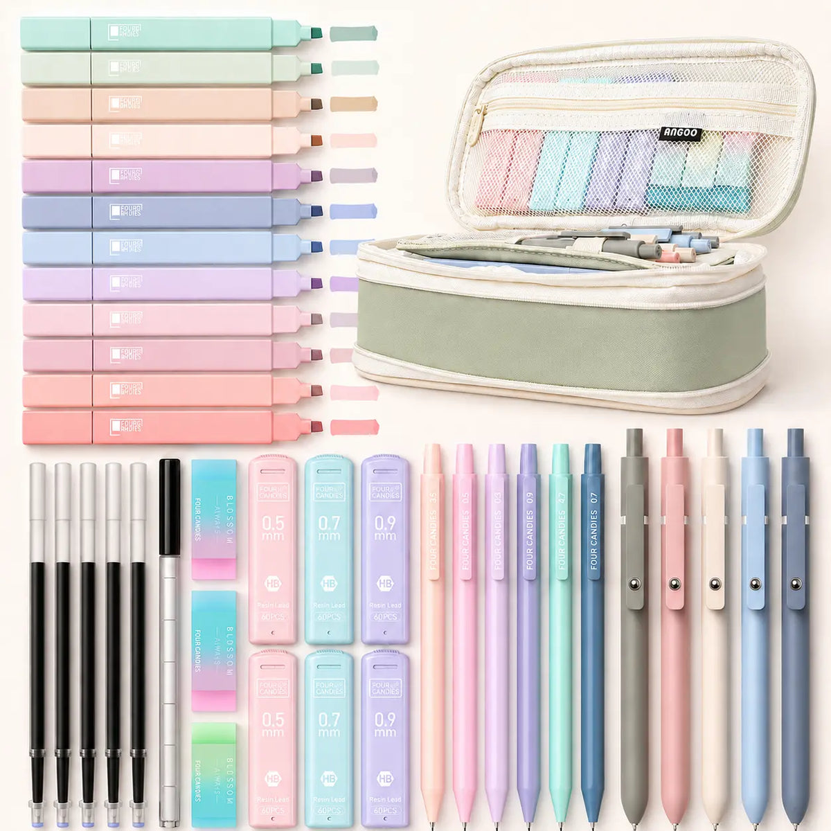 【back to a school shopping】Four Candies School Supplies with Cute Pencil Case, 39ct | Back to School Stationery Set, Essentials for College & Nursing Students, 5 Gel Pens, 6 Mechanical Pencils, 12 Highlighters