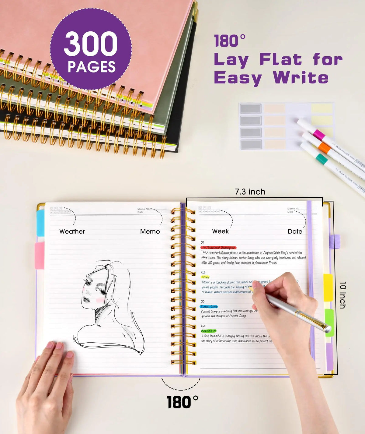 Leather Bound Journal - 8"x10" B5 Leather Hardcover Spiral School Notebook, 300 College-Ruled Paper Pages, Removable Divider Tabs, 5-Subject, Expandable Back Pocket, for School Work, Office Accessories