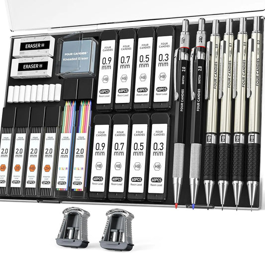 【back to school supplies】Four Candies 25PCS Art Mechanical Pencil Set with Case, 3PCS Metal Artist Lead Drafting Pencils 0.5, 0.7, 0.9 mm & 3PCS 2mm Holder (HB 2H 2B 4B Color) with 432PCS Graphite Lead Refills for Drawing Sketching Office School Supplies