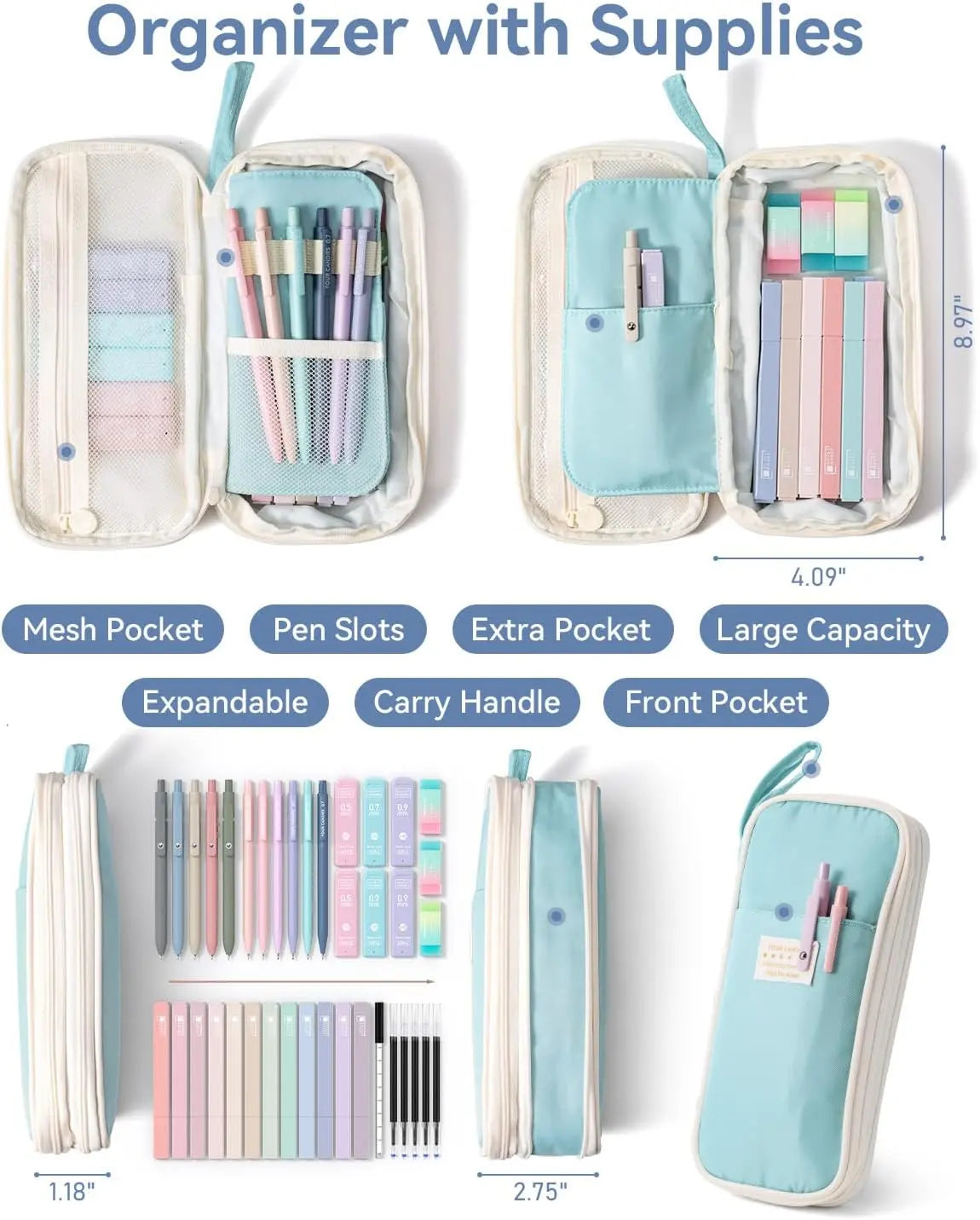 【back to a school shopping】Four Candies School Supplies with Cute Pencil Case, 39ct | Back to School Stationery Set, Essentials for College & Nursing Students, 5 Gel Pens, 6 Mechanical Pencils, 12 Highlighters