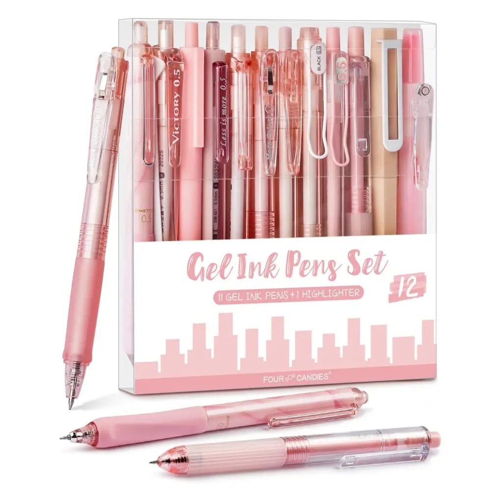 Four Candies 12PCS Pastel Gel Pen Set, Cute 0.5 mm Fine Point Writing Pens with 10 Black,1 Pink Ink,1 Highlighter, Quick Dry Aesthetic Girly Stationery Desk Accessories for Students, Notebook Writing,School & Office back to school supplies