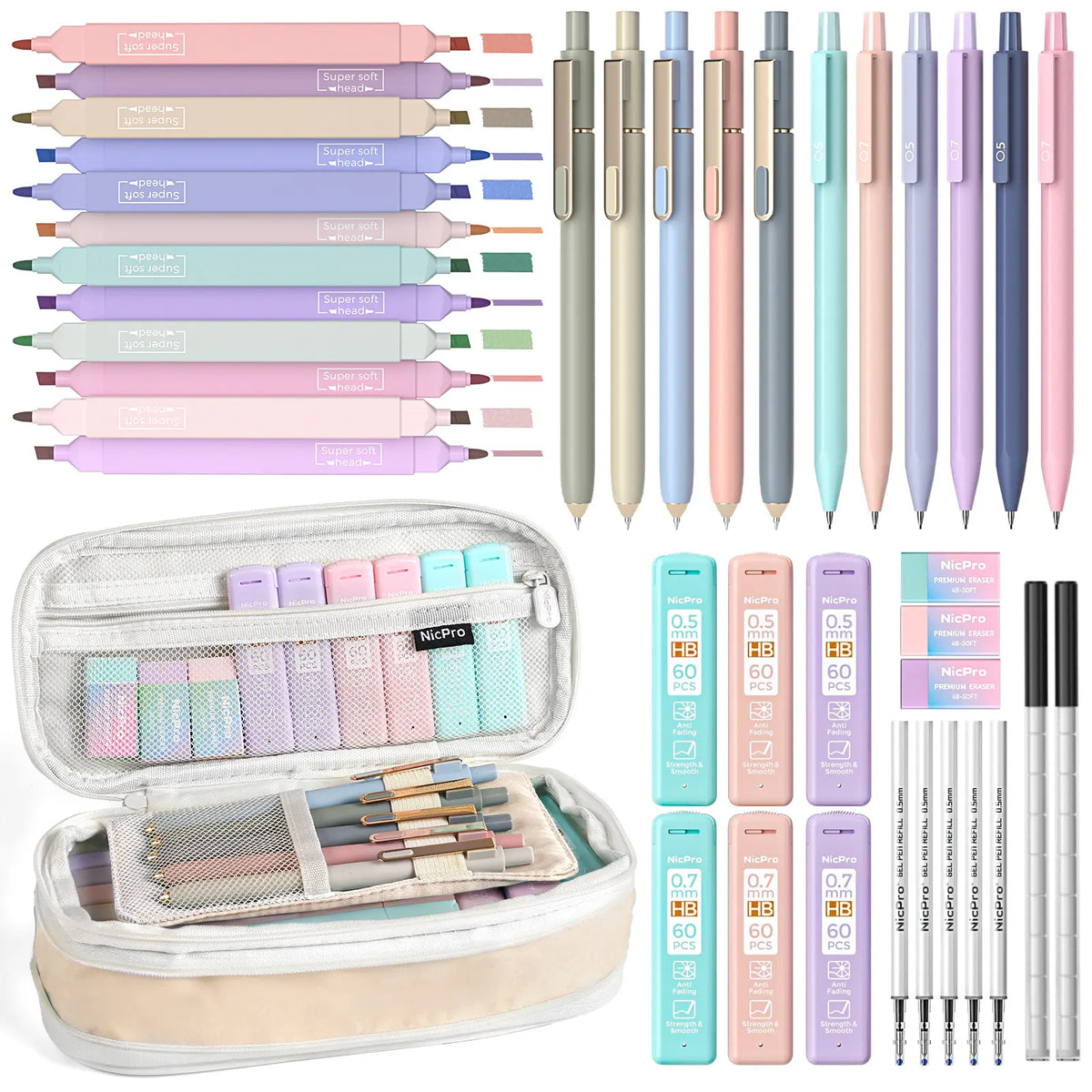Nicpro Stationary Set, Cute Office & School Supplies with Big Capacity Pencil Pouch, 6 Pastel 0.5-0.7mm Smooth-Writing Mechanical Pencils & Markers for Students,back to school,back to school shopping,back to school,back to school haul