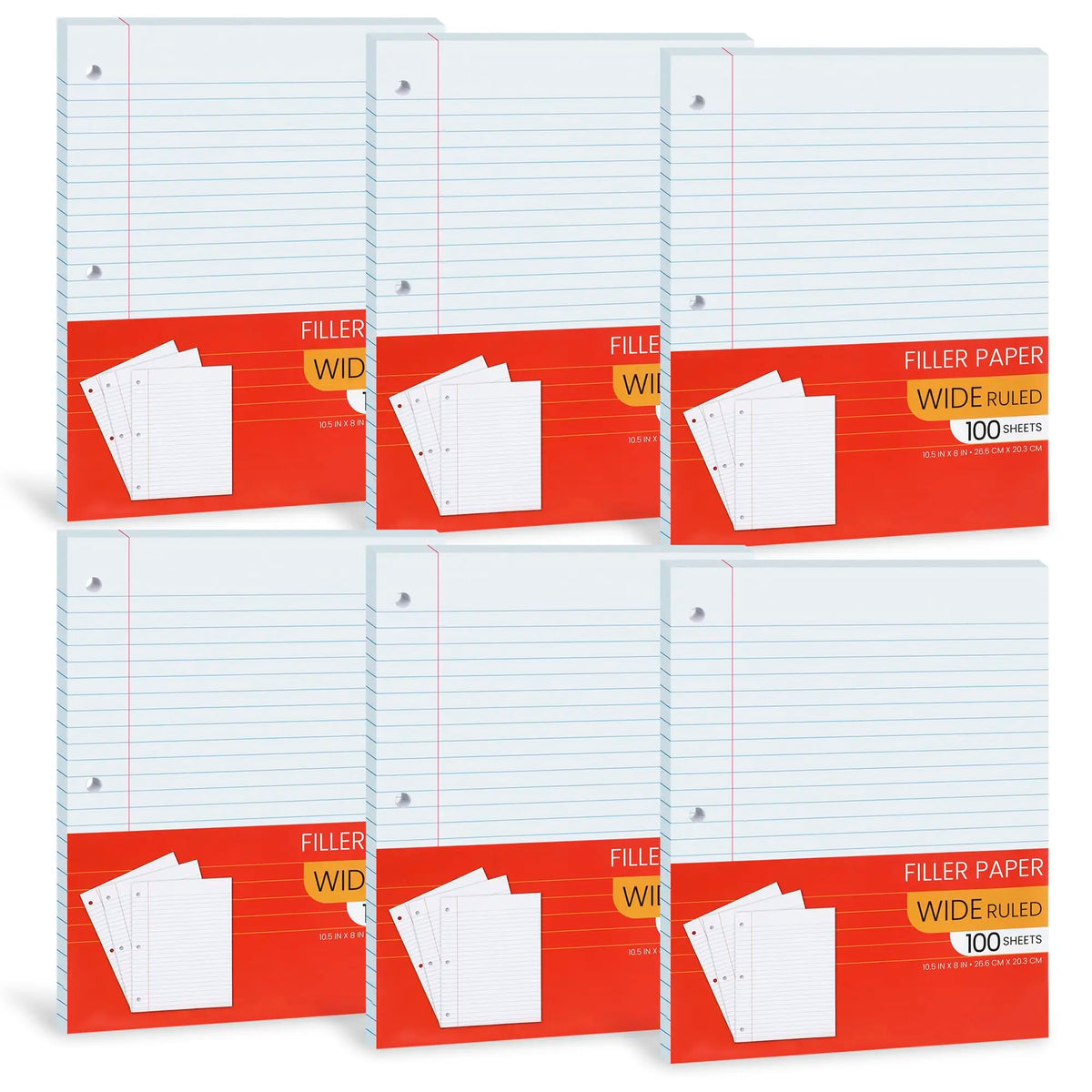 Wide Ruled Notebook Paper, 10.5” X 8" Loose Leaf Paper for Students, College, School - 100 Sheets