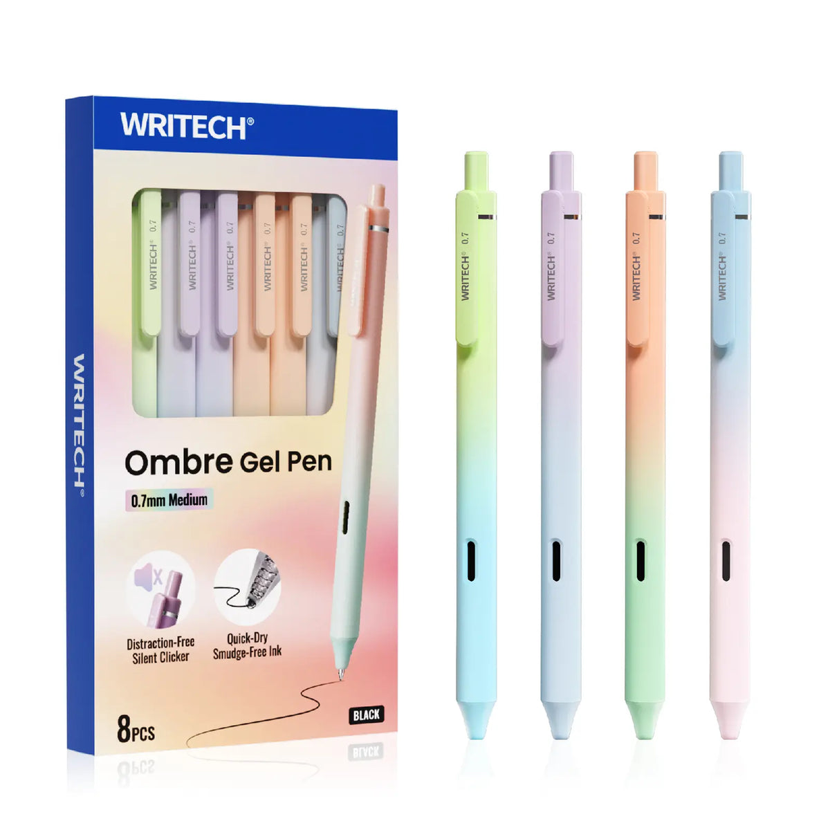 WRITECH Gel Pens Fine Point 0.7mm Black Ink Retractable 6ct with Gradient Color Barrel, Soft Vertical Stripe Silicone Grip & Detachable Design for Note Taking Silent Click No Smear Nebula Pen Set
