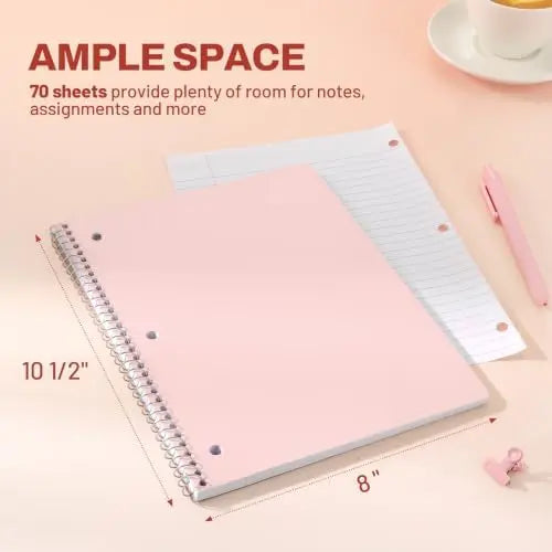 Spiral Notebooks, 1-Subject, 5 Pack, College Ruled Paper, 8" x 10-1/2", 70 Sheets per Notebook,3-Hole Punched Paper, Pink,Purple, Blue, Green, Yellow Spiral Lined Notebooks for School,Work