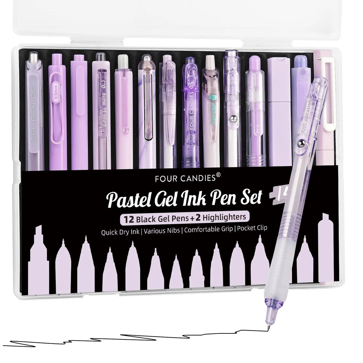 Four Candies Gel Ink Pen Set,14PCS Pen Set with Case, Cute Note Taking 0.5mm Fine Point Retractable 12PCS Black Ink Pens with 2 Highlighter for School, Note Taking,Writing, Office Supplies, girly office supplie,journaling supplies  Pastel Markers Portable