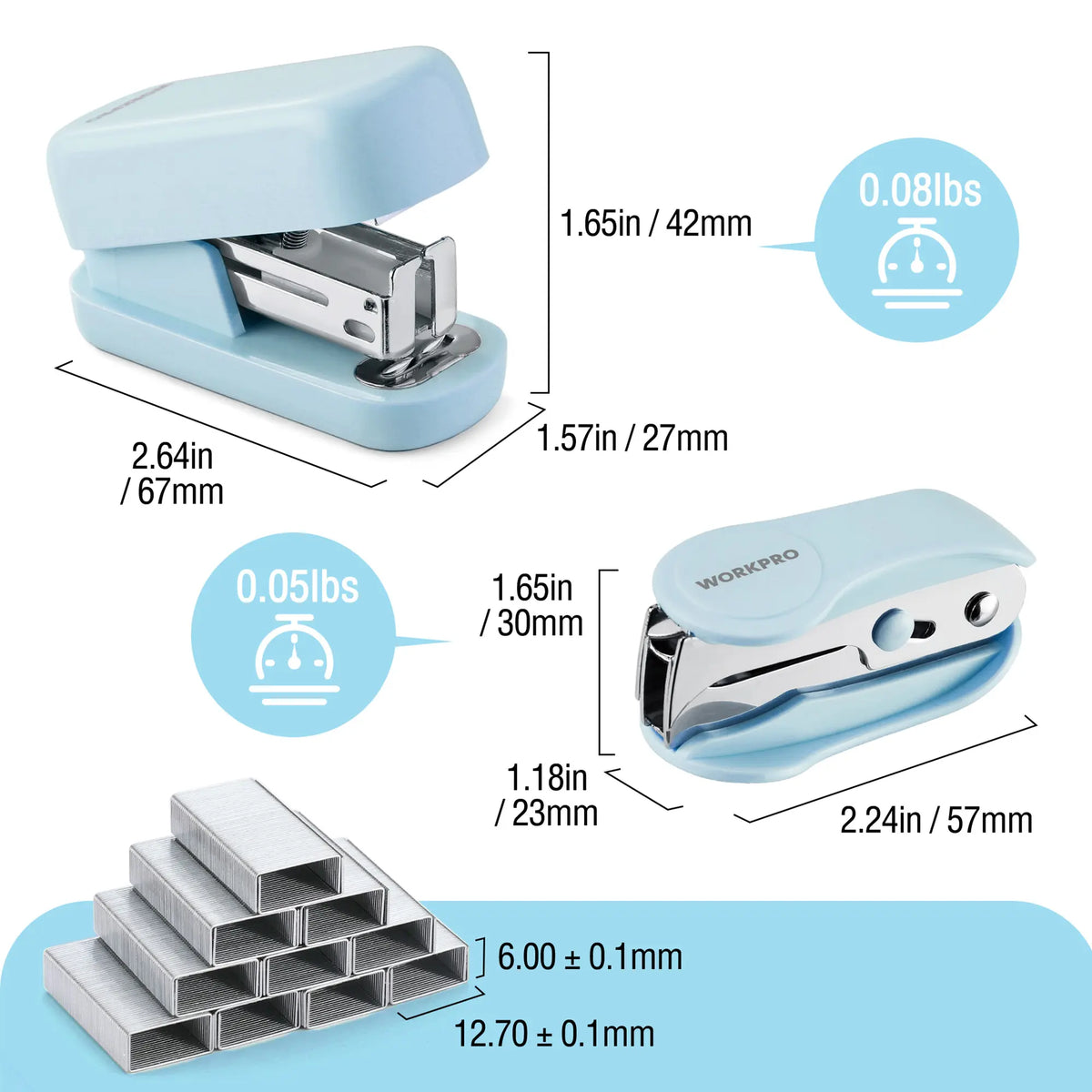 WORKPRO Cute Plastic Body Desk Stapling Set - Lock Design, 2 Mini Staplers, 1 Remover, 2000 Standard Pack Staples, Non-Slip Base, Colorful Office Stationery