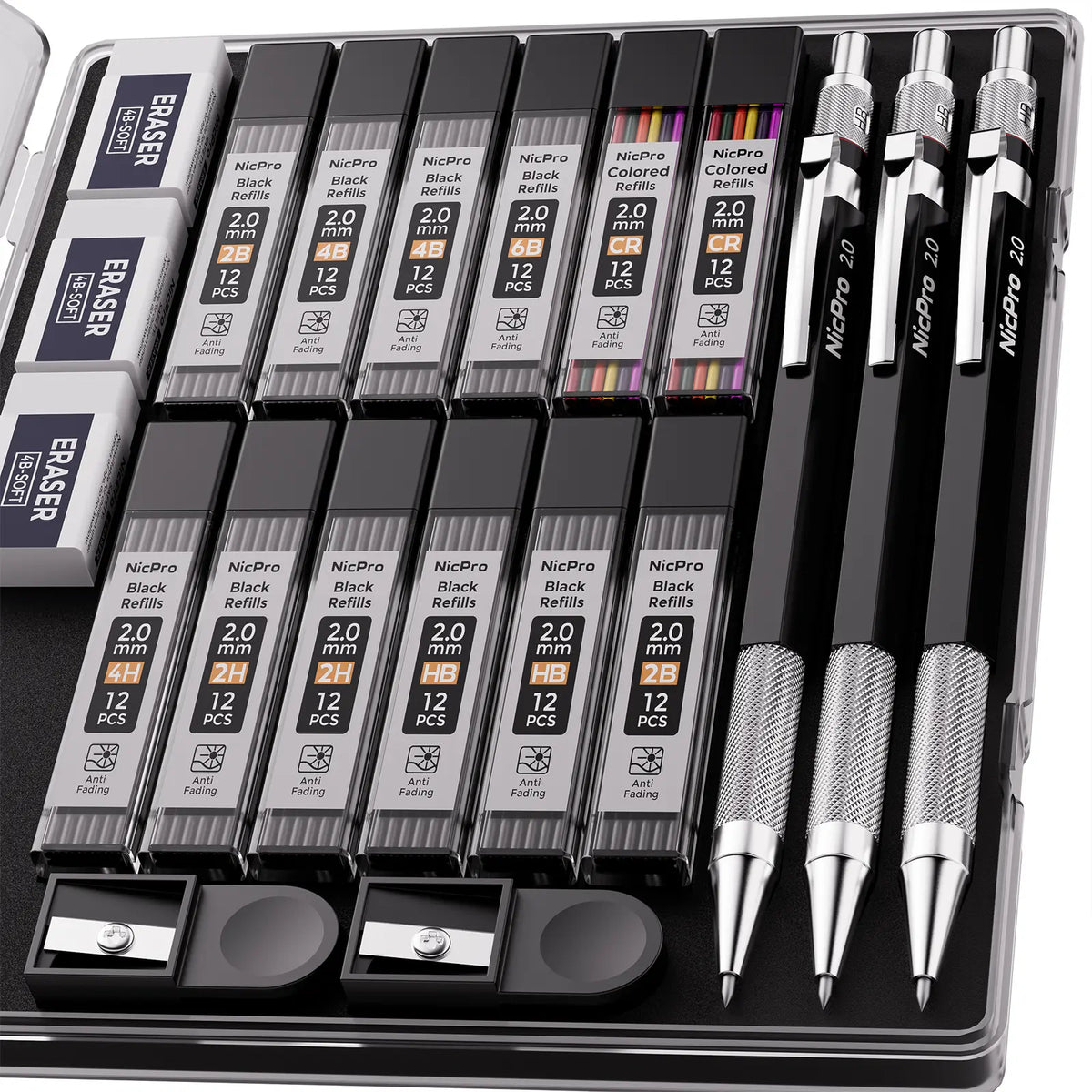 Nicpro 2.0 mm Compact Metal Mechanical Pencil Set - Graphite Mechanical Pencils, Lead Holder with Lead Refills Case for Writing, Sketching (Office Stationery Writing Tool)
